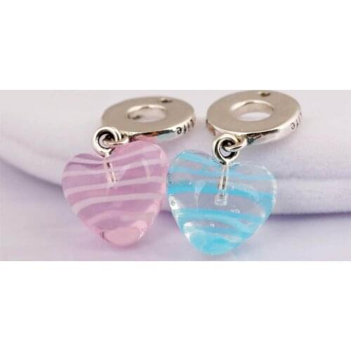 S925 Silver Pendant Bead Charm for Women Bracelet Bangle Blue Pink Ribbon Heart Dangle Charm Murano Glass DIY Jewelry