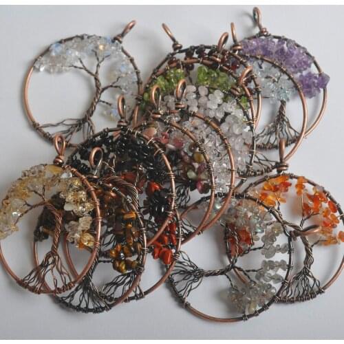 Lucky Handmade Tree of life Mixed Stone Bronze Copper Wire Wrap Pendant Jewelry For Woman Gift 1PCS S1281-S1294