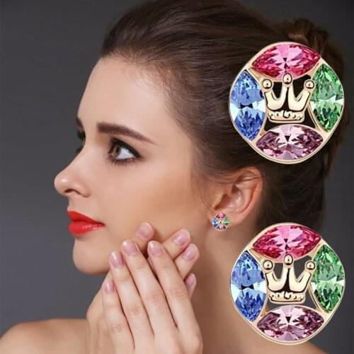 Classic Gold Color Crown Stud Earrings For Women Trendy Round Crystal Earring Fashion Brand Luxury Fine Jewelry Brincos