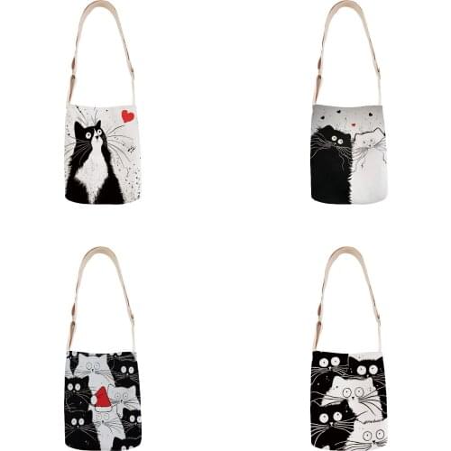 Ins black and white cat ladies shoulder bag cotton and linen handbag mini bag simple mini messenger bag casual messenger bag