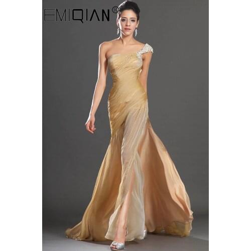 Gorgeous High Slit One Shoulder Evening Gown ,Court Train Champagne Chiffon Evening Dress with Pleats and Pearls
