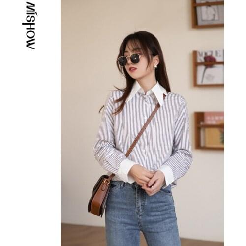 MISHOW 2020 Spring Shirts For Women Long Sleeve Turn Down Collar Comfortable Striped Tops Office Lady Female Clothing MX21A4449