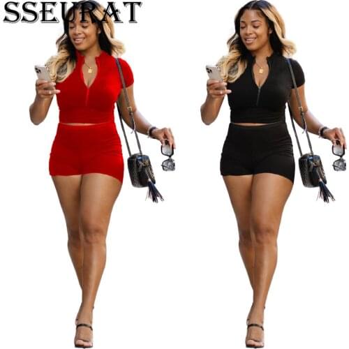 SSEURAT Women Set Solid Short Sleeve Zipper Tops Stretchy Shorts Two 2 Piece Sets Tracksuit Outfit Summer