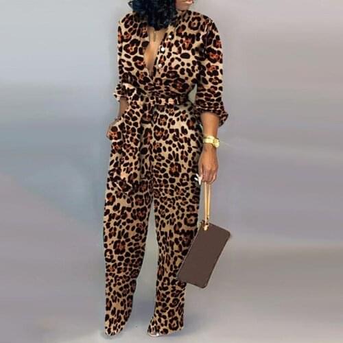 Vintage Leopard Printed Womens Jumpsuit Elegant Long Sleeve Overalls Rompers Autumn Loose Wide Leg Playsuit Women Streetwear 90s