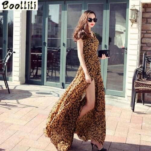 Summer Spring Women Dress Streetwear Dress European Animal Print Sexy V-neck Long Dress Chiffon Elegant Maxi Dress Vestidos