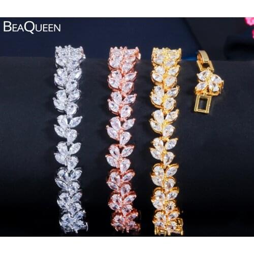 BeaQueen Jewelry Woman 2021 Marquise Cut Rose Gold Silver Color Leaf Shape Cubic Zirconia Bracelet Engagement Wedding Party B216