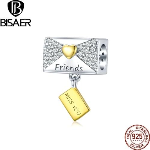 BISAER Envelope Beads 925 Sterling Silver Golden Heart CZ Charms Pendant Fit DIY Original Bracelet Jewelry Accessories EFC468