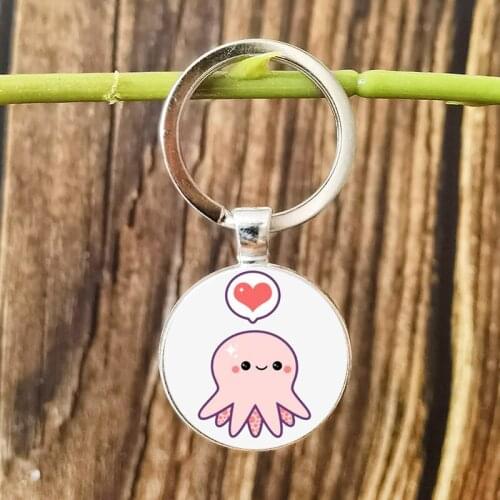 Mood Toy Octopus Keychain Cartoon Sea Animal Crab Seahorse Starfish Shell Whale Turtle Art Photo Glass Dome Key Chain Souvenirs