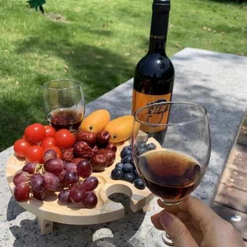 Wooden Outdoor Folding Picnic Table With Glass Holder Round Foldable Desk Wine Glass Rack Collapsible Table