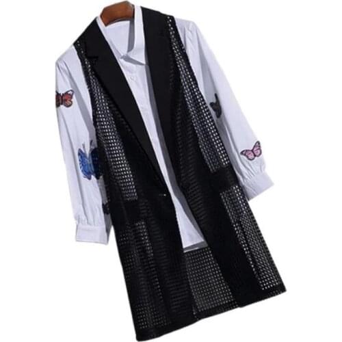 Cheap Turn-down Collar Hollow-out Long Womens Vest Plus Size Black Sleeveless Jacket Cardigan Office Lady Summer Waistcoat 4XL