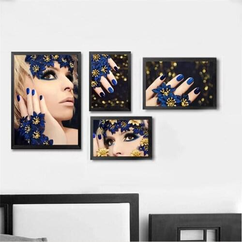 Canvas Painting Nordic Woman Blue Flowers Picture Figure Plant Home Decor Painting Wall Art For Children Bedroom Living Room