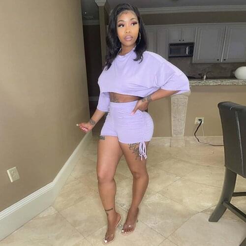 Casual Womens Tracksuit Half Sleeve Round Neck Crop Top and Elastic Waist Side Drawstring Biker Short Streetwear Two Piece Set