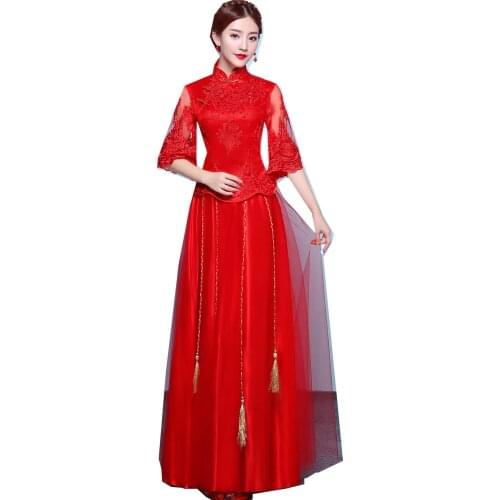 Shanghai Story Half Sleeve Lace Cheongsam Chinese wedding Dress Red Qipao Traditional Clothing Top + Skirt Suit Set