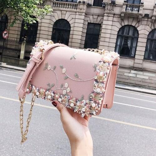Lace Flowers Women bag New handbag High quality PU Leather Sweet Girl Square bag Flower Pearl Chain Shoulder Messenger Bag ML-13