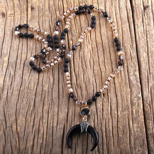 MD Fashion Bohemian Jewelry Random Shape Natural Stones /Glass Crystal Multi Stone Knotted Ox Horn Moon Necklace Women Gift