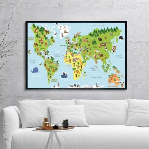 Sea Life Continents Animal World Map Picture Children Poster Nursery Wall Art Canvas Print Painting Baby Kids Bedroom Decoration