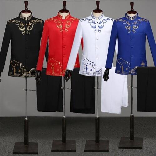 New 2019 Chinese Tunic Suit MenS Traditional Stand Collar Suits Costume Wedding Suits For Men Male Embroidery Totem Suits SL160