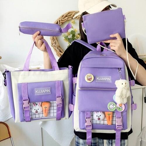 4 Pcs Sets women backpack Purple Colour Childrens School Backpack Kawaii Backpack Bookbag School Bags for Teenage Girls Mochila