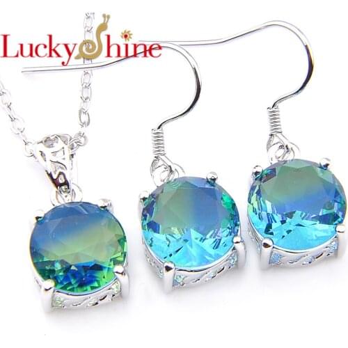 Luckyshine 2 Pcs/Lot bridal wedding jewelry Set Blue Bi Colored Tourmaline Gems Silver Plated Pendants Necklaces Earring Set New