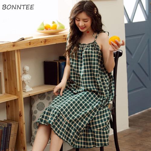Nightgowns Women Sexy Spaghetti Strap Summer Thin Female Homewear Sweet Simple Mid-calf Cartoon-printed Girls Lovely Plus Size