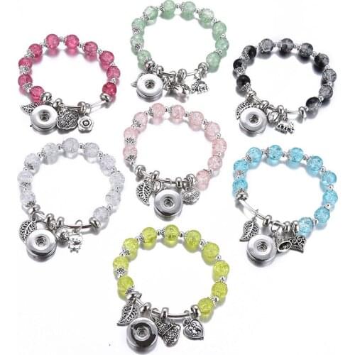 New fashion Glass Transparent Cracked beads Leaves charms elastic snap bracelets bangle for 18mm snap buttons AB0075