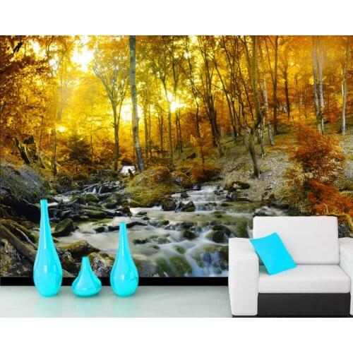 Forests Autumn Stones Stream Nature 3d wallpaper mural papel de parede forl iving room sofa TV wall bedroom kitchen cafe bar