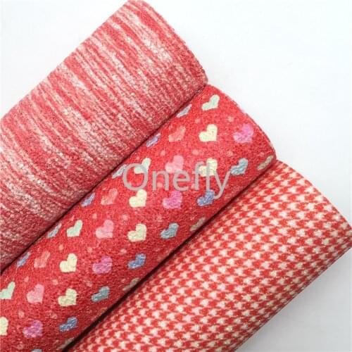 Onefly 21X29CM Red Glitter Fabric, Printed Glitter Vinyl, Hearts Printed Faux Leather Sheets For Bow DIY handbags shoes AQ076