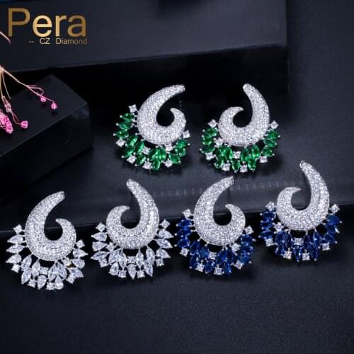 Pera Luxury Costume Jewelry Accessories for Women Wedding Big Flower Shape Blue Green White Cubic Zirconia Stud Earrings E091