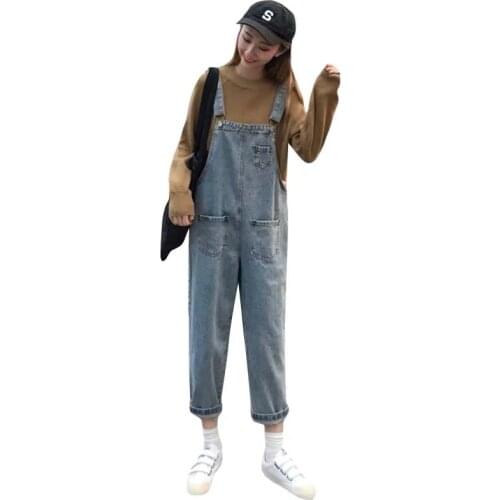 Cowboy bib womens spring and autumn new Korean womens online celebrity loose slim conjoined nine-point suspenders women