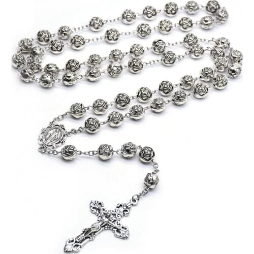 QIGO 10mm Vintage Cross Pendant Plastic Rose Rosary Necklace Catholic Prayer Jewelry Gifts