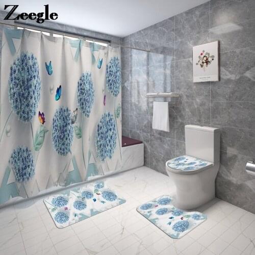 Modern Style Bath Mat and Polyester Waterproof Shower Curtain Set Flannel Bathroom Carpet Anti-Slip Shower Room Toilet Foot Rug