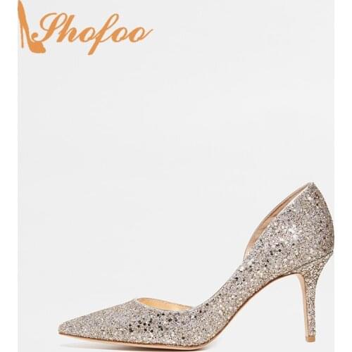 Platino Pumps Sequined Cloth High Thin Heels Slip On Women Pointed Toe Large Size 14 16 Lady Fashion Evening Party Shoes Shofoo