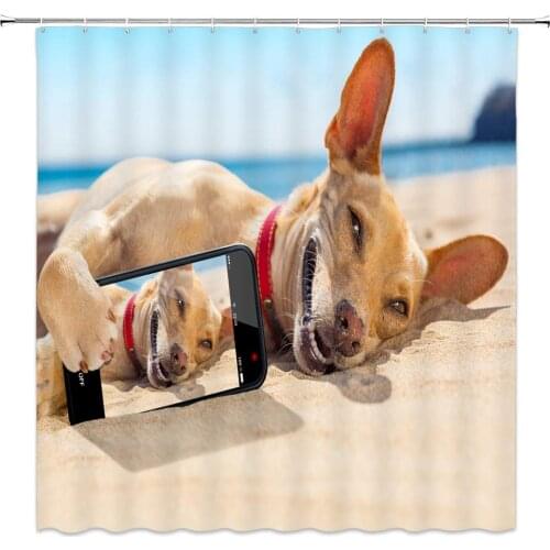 Dog Lover Shower Curtain Beach Ocean Landscape Summer Scenery Cute Pet Selfie Funny Bathroom Decor