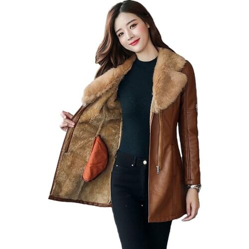 Autumn winter leather jacket womens Flocking Thicken warm PU leather coat natural fur collar Outerwear female Slim tops N252