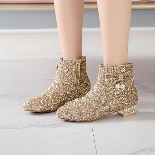 YMECHIC Fashion Sweet Lolita Bowtie Princess Bling Ladies Ankle Boots Crystal Chunky Heel Wedding Party Silver Gold Womens Shoes