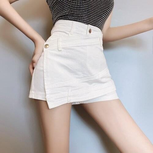 Irregular Summer High Waist Denim Womens Shorts Buttons Solid Korean Shorts Skirts Female Casual A-Line Hot Pant Feminino