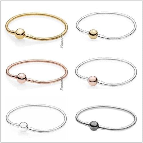 Original 925 Sterling Silver Bracelet Rose Moments Smooth Ball Clasp Snake Chain Bangle Fit Women Bead Charm Fashion Jewelry