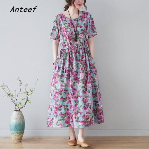 Short sleeve plus size cotton vintage floral dresses for women casual loose long summer sun dress elegant clothes 2021 sundress
