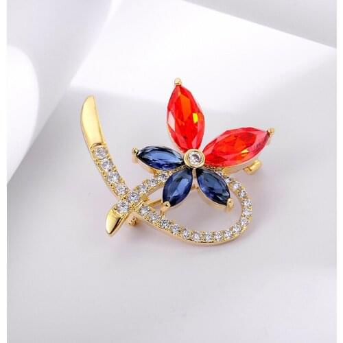 Zhijia New Arrival Red Blue Rhinestone Flower Copper Alloy Pins Brooches For Women Party Jewelry Accessories Gifts