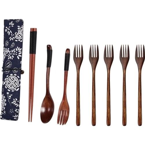 2 Set Japanese Wooden Tablewares: 1 Set Wooden Forks Salad Dinner Fork & 1 Set Dessert Chopsticks Spoon Fork