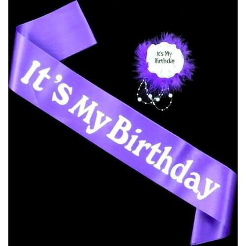 2pcs Its my birthday set Elegant purple satin ribbon sash feather pearl lace brooch adult celebration 18 21 30 40 50 60 today