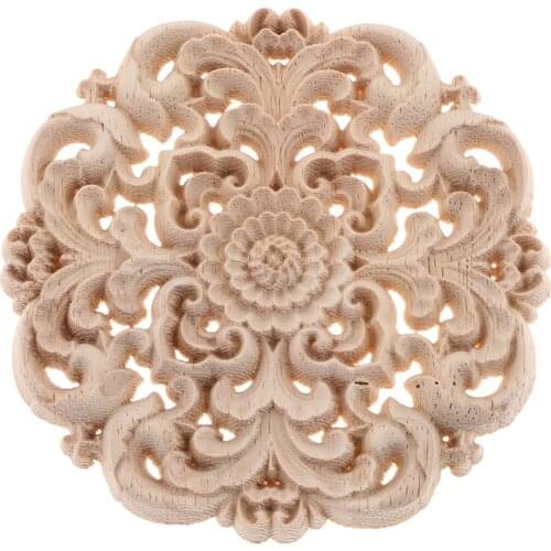 2Pcs Chinese Combine Western Style Wooden Carved Flower Round Appliques for House Decor