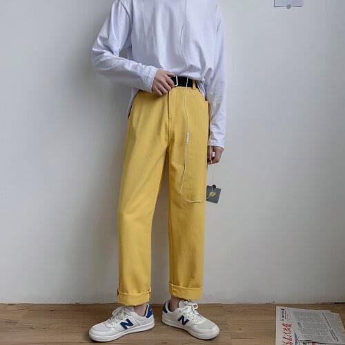 2021 Korean Style Mens Solid Color Casual Pants Fashion Trend Yellow Straight Pants Popular Loose Streetwear Trousers M-3XL