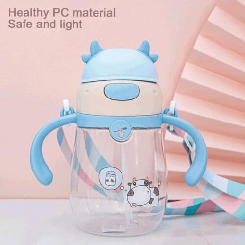 450ml Eco-friendly Children Bottle Sippy Cup with Lanyard Double Handles Transparent Water Drinking Straw Bottle for Travel