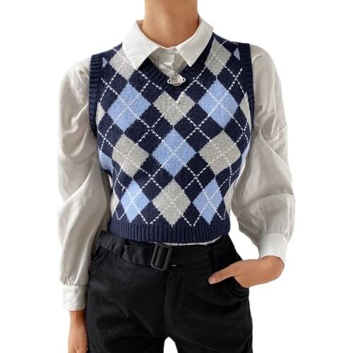 7 Styles Women Retro Knitted Vest Ladies Female Sleeveless Vintage Argyle Casual Short Waistcoat Streetwear Waistcoat Outfits