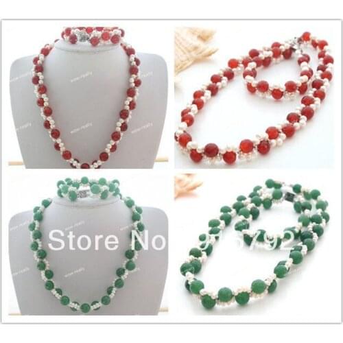 Free shipping >>>>>A SET CHARMING 8MM FACETED stone & WHITE PEARL NECKLACE BRACELET
