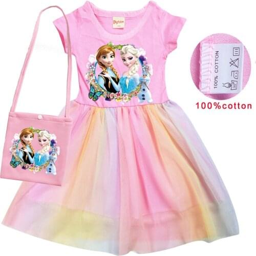 Disney Summer Frozen Elsa Girl Cotton Dress+bag Gauze Patchwork Dress Children Girl Home Party Casual Clothes Dresses