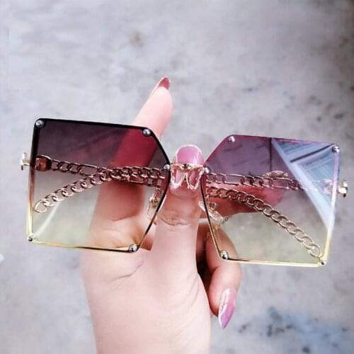 Luxury Brand Rimless Sunglasses Women Chain Legs Gradient Shades For Women 90s Vintage Oversized Sun Glasses Punk Eyeglass UV400