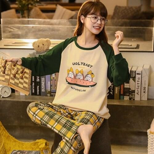 Kawaii Cartoon Lattice Pajamas Loose Big Size Women Home Wear Long Sleeve Warm Pajamas Sets All Cotton Sleepwear Lounge Clothes