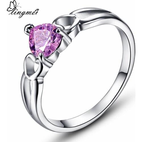 Lingmei Love Style Dazzling Fashion Heart Gold Rainbow White Pink Cubic Zirconia Jewelry White Gold Color Ring Size 6 -10